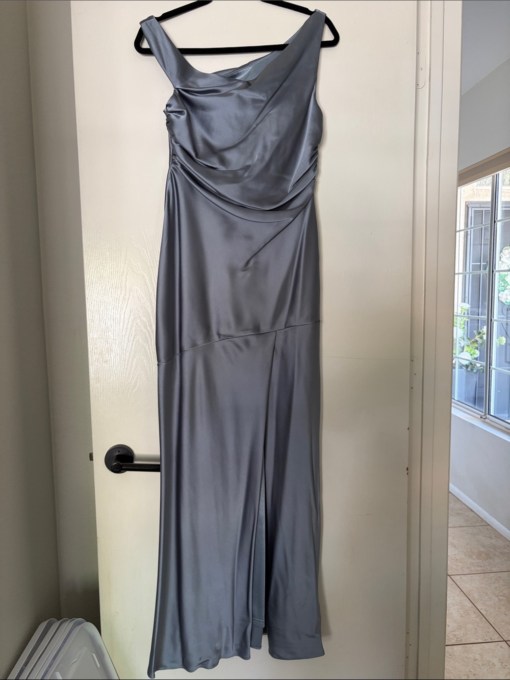 Revery Satin one shoulder cowl Neck Evening Dress - grey blue